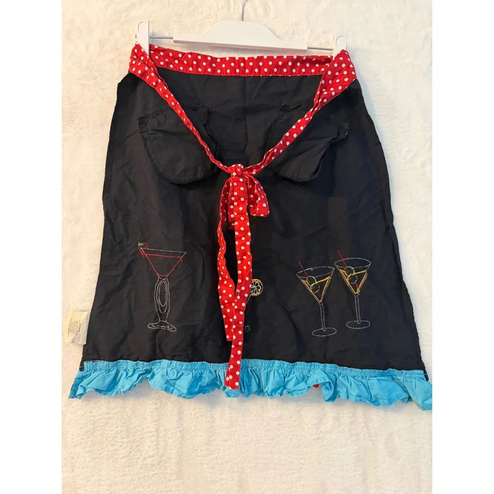 Sur La Table Black‎ Cotton Half Apron Cocktail Embroidery Polka Dot Ruffle Trim